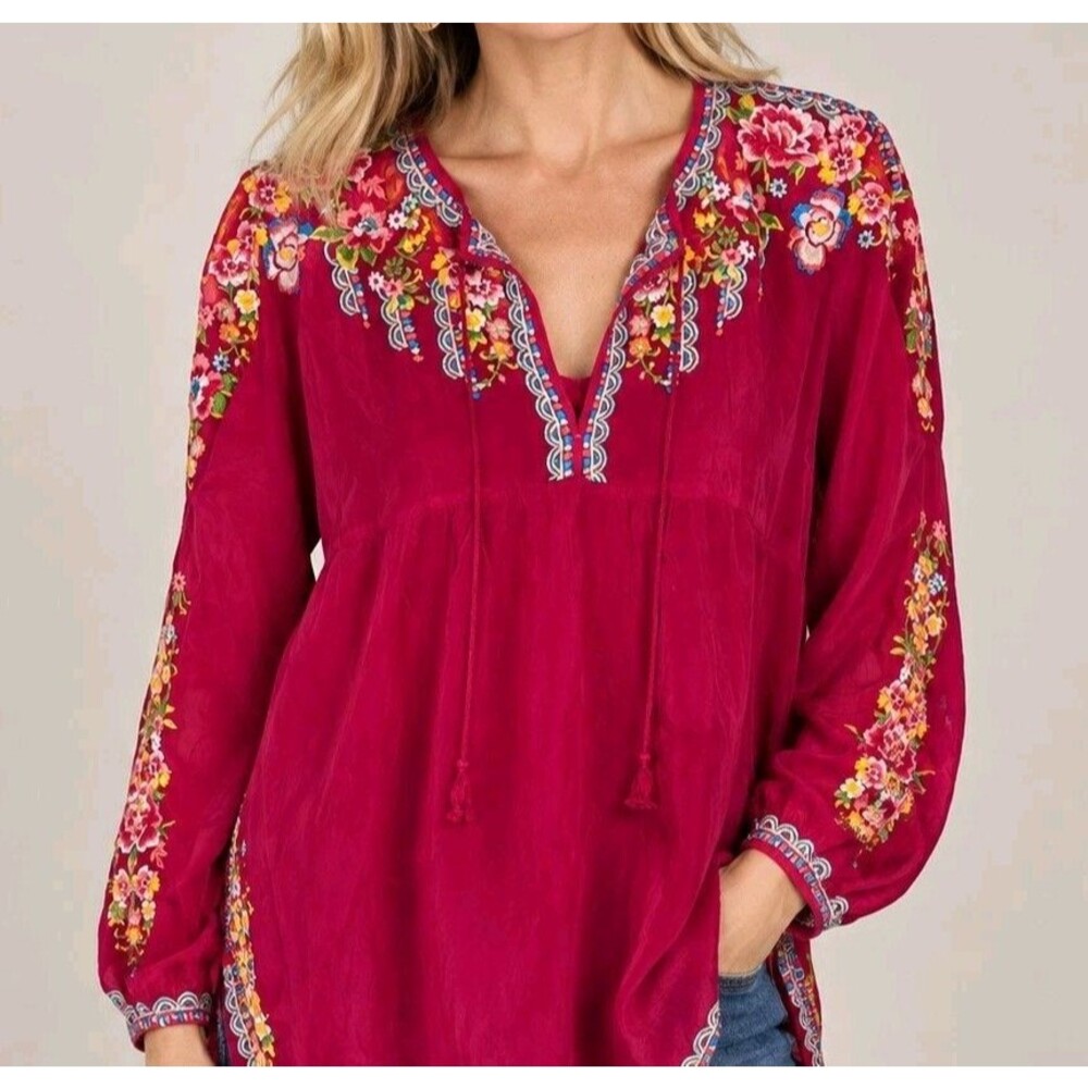 Johnny Was Vanessa Embroidered Floral Boho Blouse Tunic Red Pink - M